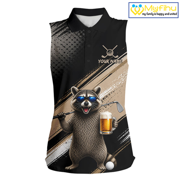 Funny Raccoon Golf Polo Shirt Custom Name Golf Beer Polo Gift For Women Black Beige Golf Jersey NHT891