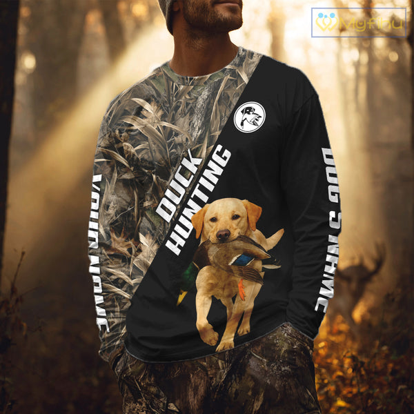 Waterfowl Duck Hunting With Yellow Lab Dogs, Custom Name All Over Print Shirts NHT234
