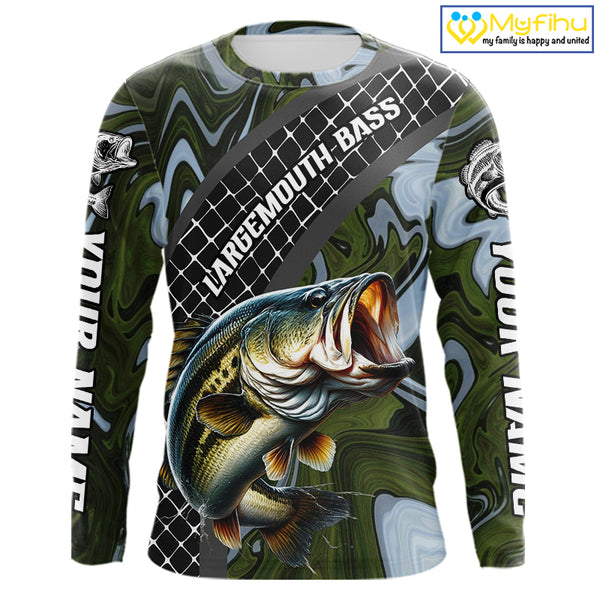 Largemouth Bass Fishing Shirts Long Sleeve Abstract Green Camo Performance Jersey For Men NHT922