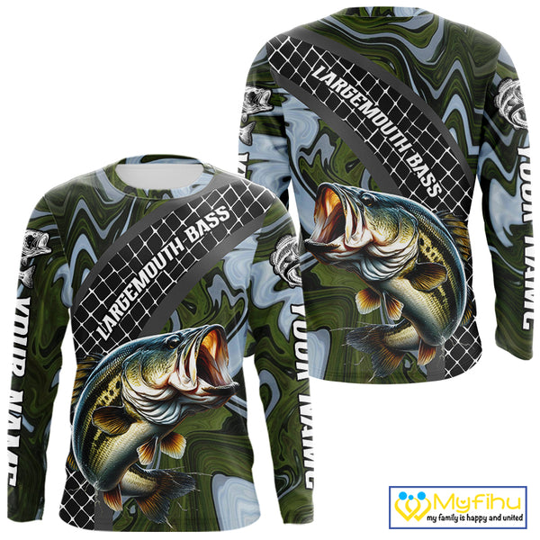 Largemouth Bass Fishing Shirts Long Sleeve Abstract Green Camo Performance Jersey For Men NHT922