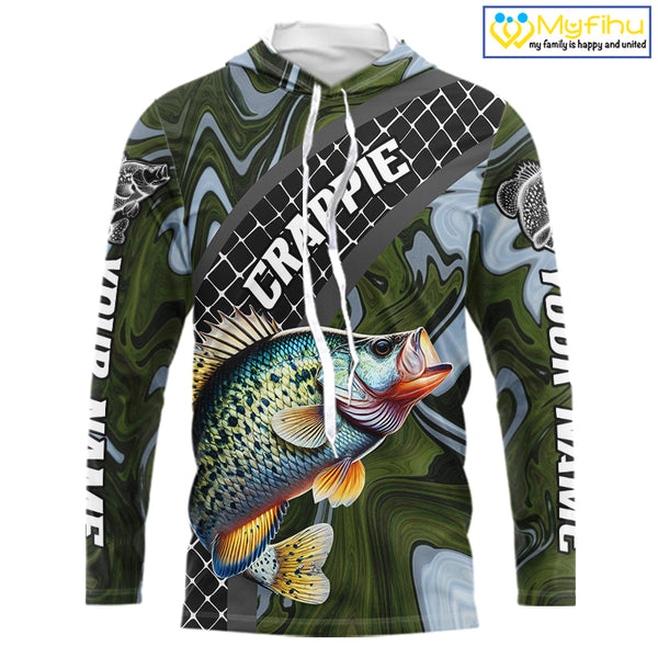 Crappie Hooded Fishing Shirt Long Sleeve Abstract Green Camo Performance Jersey For Men NHT924