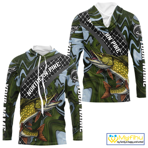 Northern Pike Hooded Fishing Shirt Long Sleeve Abstract Green Camo Performance Jersey For Men NHT925
