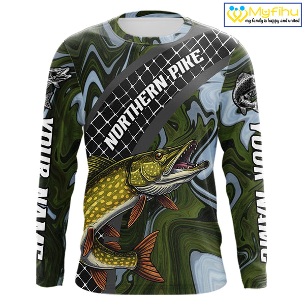 Northern Pike Fishing Shirts Long Sleeve Abstract Green Camo Performance Jersey For Men NHT925