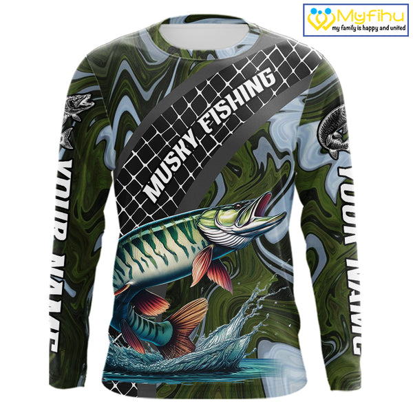 Northern Musky Fishing Shirts Long Sleeve Abstract Green Camo Performance Jersey For Men NHT926