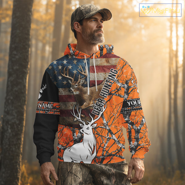 Deer Hunting Shirt Personalized 3D All Over Print Orange Camo With US Flag Hunting Clothes NHT156