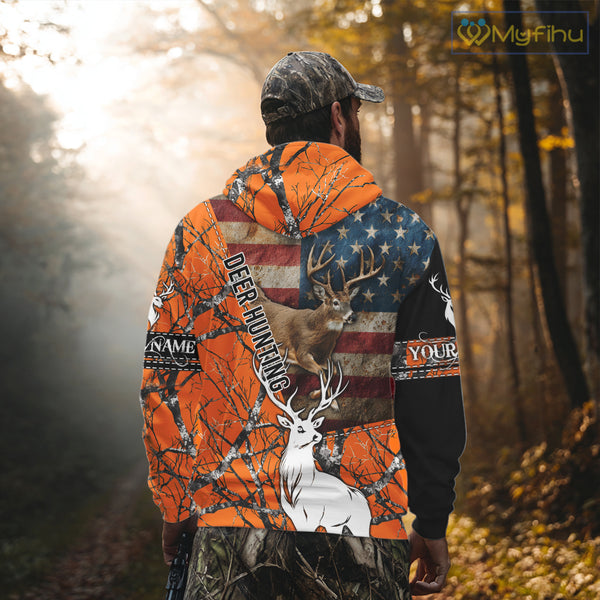 Deer Hunting Shirt Personalized 3D All Over Print Orange Camo With US Flag Hunting Clothes NHT156