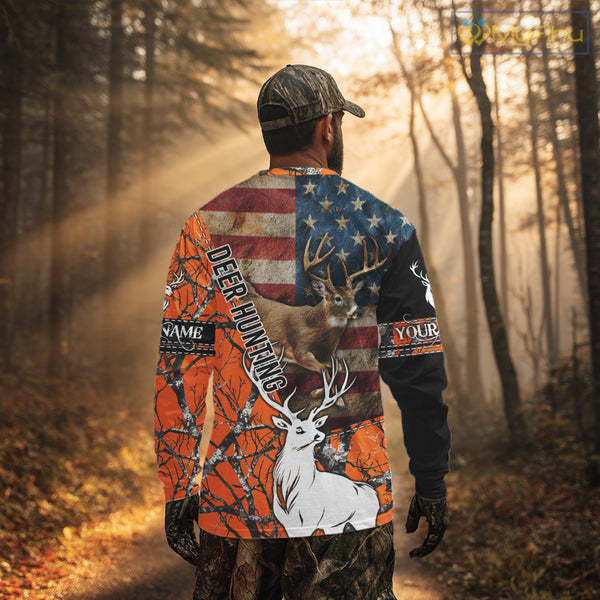 Deer Hunting Shirt Personalized 3D All Over Print Orange Camo With US Flag Hunting Clothes NHT156