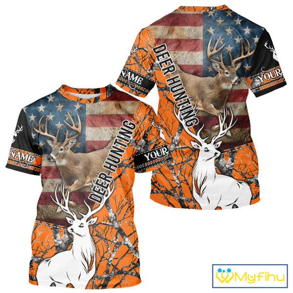 Deer Hunting Shirt Personalized 3D All Over Print Orange Camo With US Flag Hunting Clothes NHT156
