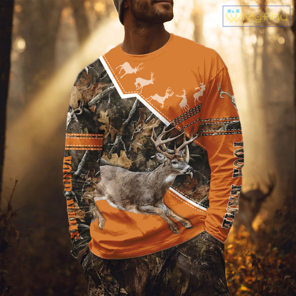 Deer Hunting Big Game Orange Camo Forest Custom Name 3D All Over Print Shirts, Hunting Shirt NHT158