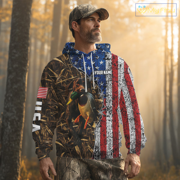 Mallard Duck Hunting Shirt Personalized Camo With German Shorthaired Pointer US Flag Clothes NHT160