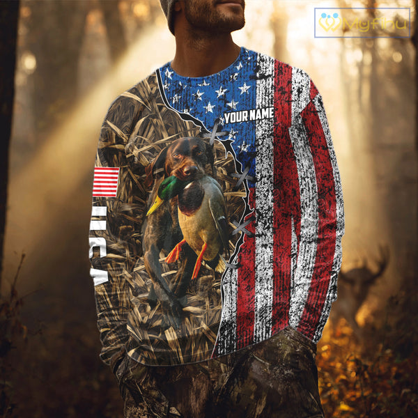 Mallard Duck Hunting Shirt Personalized Camo With German Shorthaired Pointer US Flag Clothes NHT160