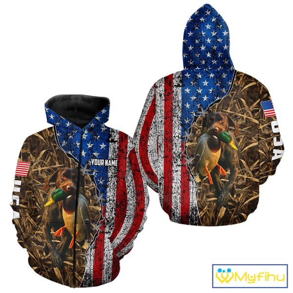 Mallard Duck Hunting Shirt Personalized Camo With German Shorthaired Pointer US Flag Clothes NHT160