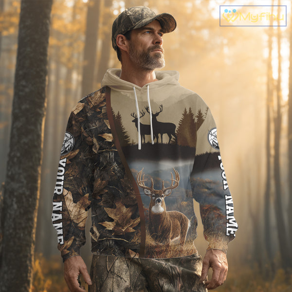 Personalized Deer Hunting 3D All Over Printed Shirts Custom Deer And Mountain Camo Shirt NHT254