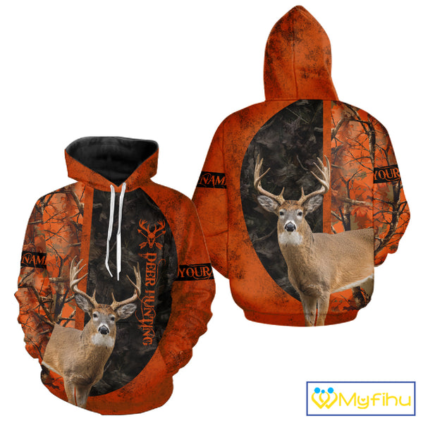 Whitetail Deer Hunting Orange Camo 3D All Over Printed Shirt, Custom Name Hunting Shirt NHT259