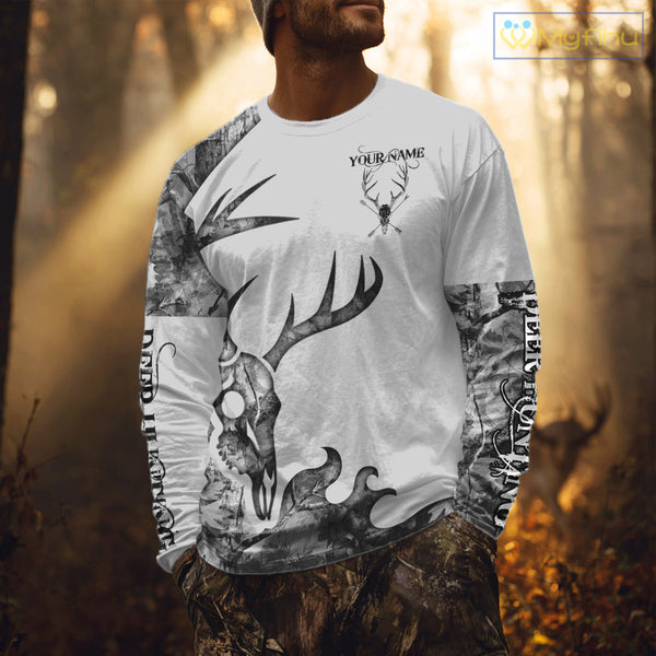 Deer Hunting Shirt Best 3D All Over Print Skull Deer Personalized Name Gray Camo NHT62