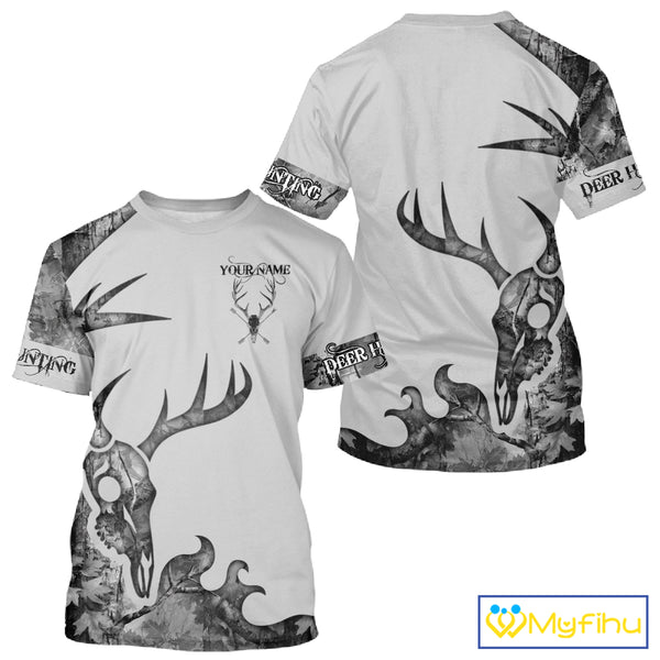 Deer Hunting Shirt Best 3D All Over Print Skull Deer Personalized Name Gray Camo NHT62