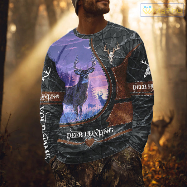 Custom 3D Whitetail Deer Hunting Shirt With Night Forest Scene, Camo Pattern And Skull Design NHT76
