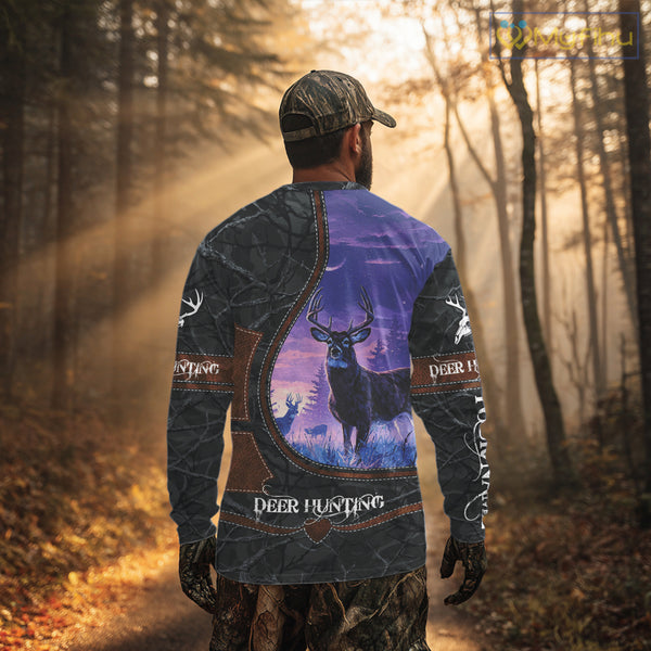 Custom 3D Whitetail Deer Hunting Shirt With Night Forest Scene, Camo Pattern And Skull Design NHT76
