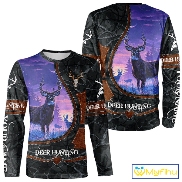Custom 3D Whitetail Deer Hunting Shirt With Night Forest Scene, Camo Pattern And Skull Design NHT76
