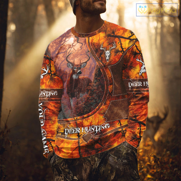 Whitetail Deer Hunting Shirt With Orange Camo Pattern And Skull Design For Hunters NHT77