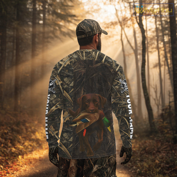 Personalized Mallard Duck Hunting Shirt with Chocolate Lab, Custom Dog’s Name Camouflage NHT264