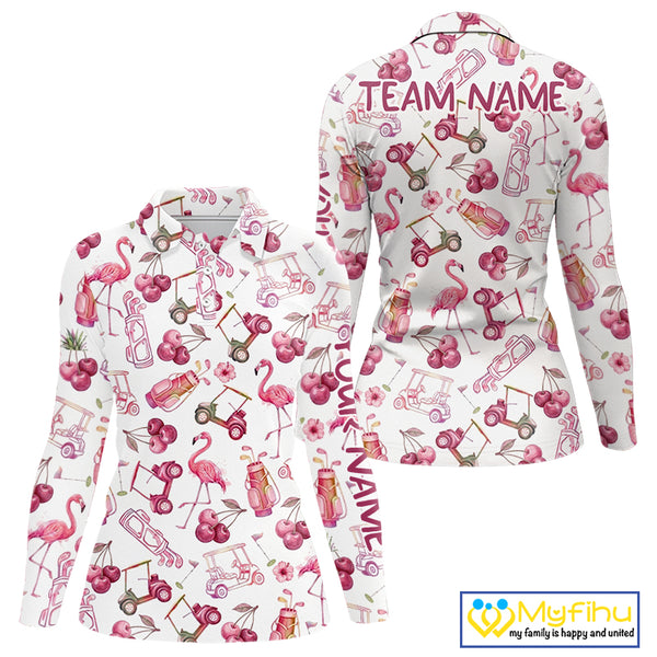 Funny Golf Polo Shirt For Womens Cherry Flamingo Golf Cart Pattern Summer Sport Top NHT841
