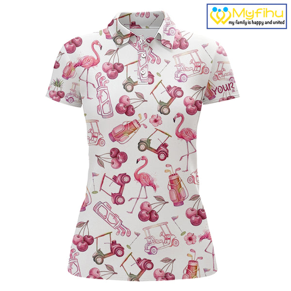 Funny Golf Polo Shirt For Womens Cherry Flamingo Golf Cart Pattern Summer Sport Top NHT841