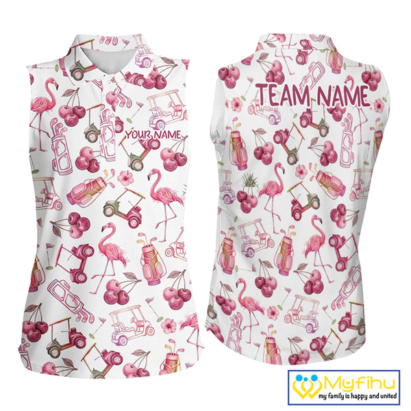Funny Golf Polo Shirt For Womens Cherry Flamingo Sleeveless Womens Golf Cart Pattern Summer Sport Top NHT841