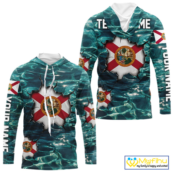 Florida Flag Fish Water Camo Custom Long Sleeve Hooded Fishing Shirts, Performance Fishing Shirts For Men NHT847