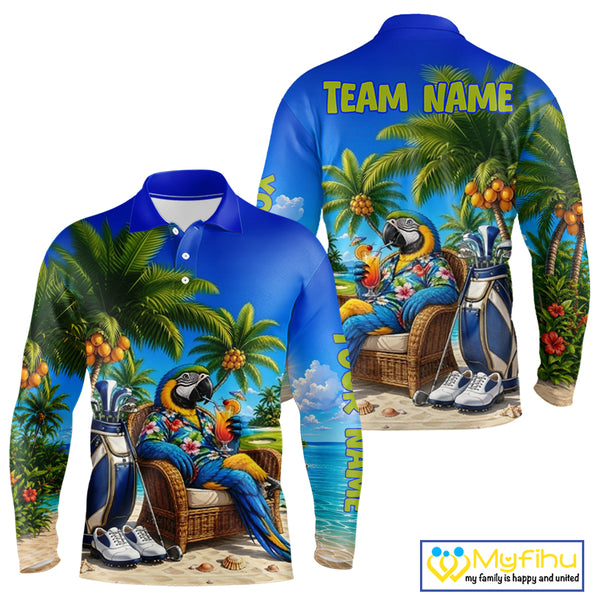 Custom Team Name Tropical Golf Polo Shirt – Funny Macaw Parrot Beach Golf Shirt For Men NHT859