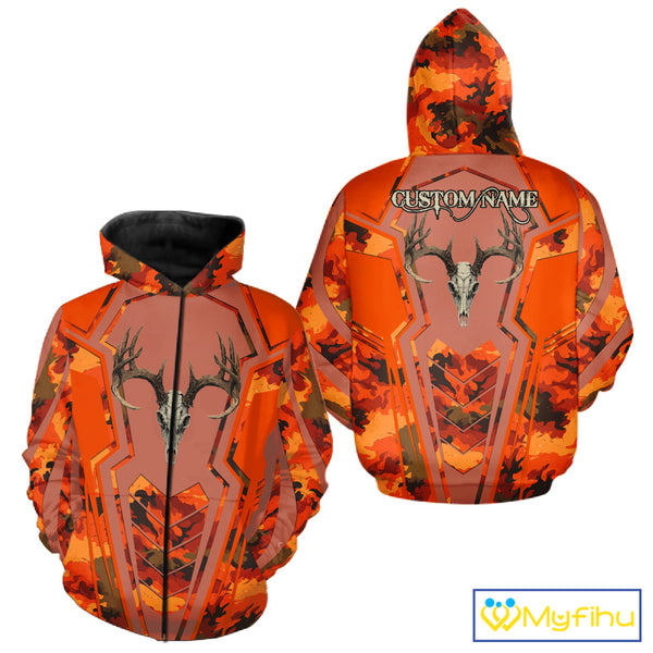 Deer Hunting Shirt Orange Camo 3D All Over Print Buck Head Custom Name Hunting Clothes NHT87
