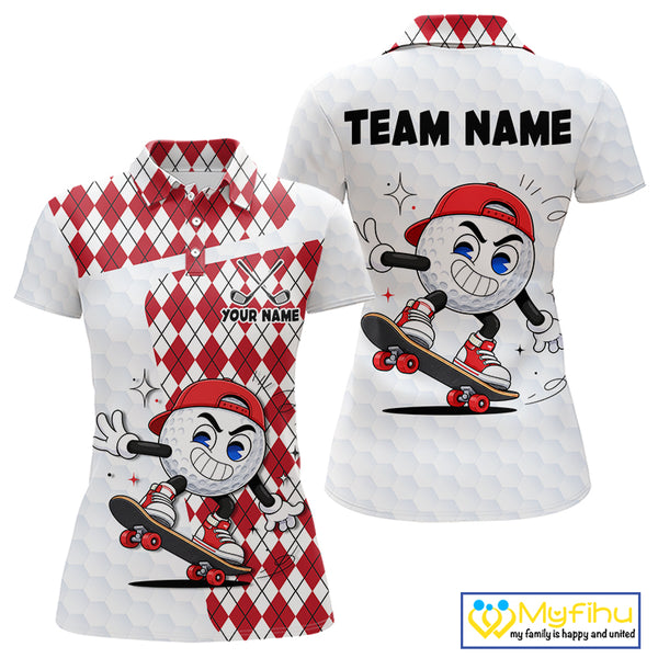 Womens Golf Polo Shirt Argyle Pattern Golf Shirts For Womens Funny Golf Ball Shirt Gifts|Red  NHT861