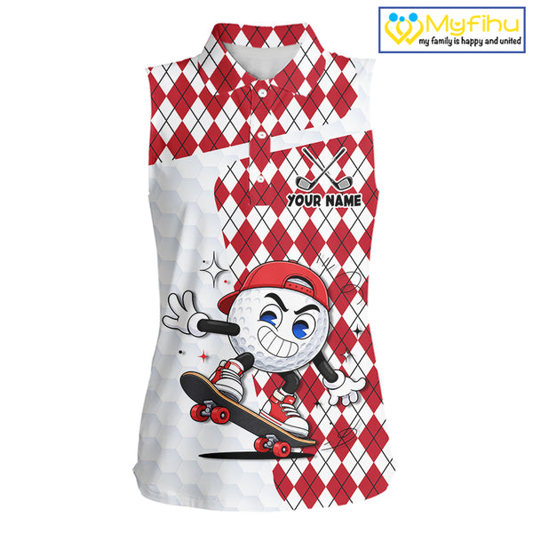 Sleeveless Women Golf Polo Shirt Argyle Pattern Golf Shirts For Womens Funny Golf Ball Shirt Gifts|Red  NHT861