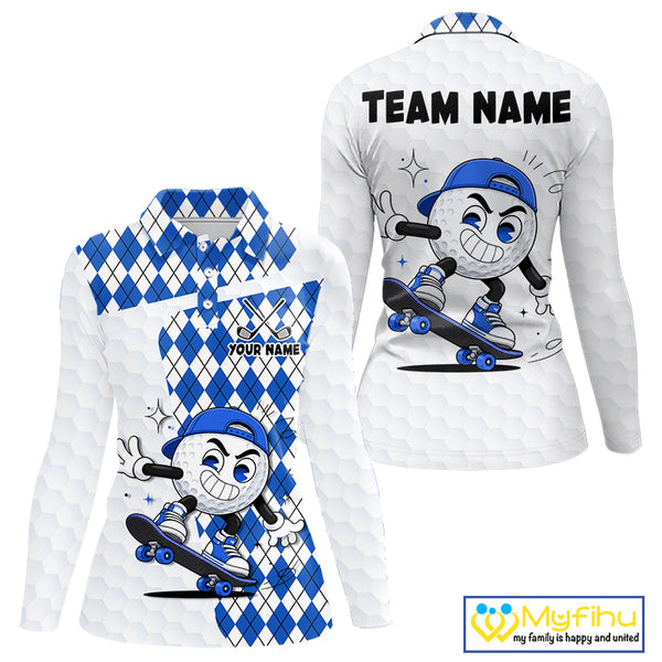 Womens Golf Polo Shirt Argyle Pattern Golf Shirts For Womens Funny Golf Ball Shirt Gifts|Blue NHT862