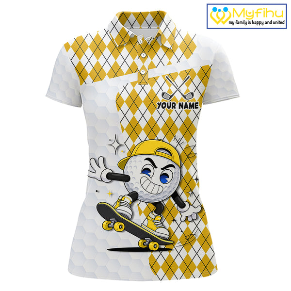 Womens Golf Polo Shirt Argyle Pattern Golf Shirts For Womens Funny Golf Ball Shirtgifts|Yellow NHT864
