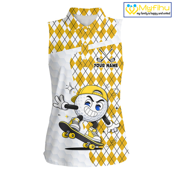 Sleeveless Women Golf Polo Shirt Argyle Pattern Golf Shirts For Womens Funny Golf Ball Shirtgifts|Yellow NHT864