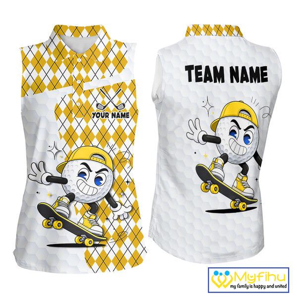 Sleeveless Women Golf Polo Shirt Argyle Pattern Golf Shirts For Womens Funny Golf Ball Shirtgifts|Yellow NHT864