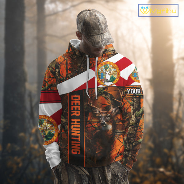 Deer Hunting Shirt With Orange Camouflage, Florida Flag, Custom Name Shirt, Gifts For Hunters NHT04