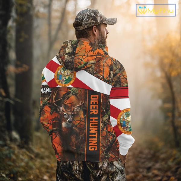 Deer Hunting Shirt With Orange Camouflage, Florida Flag, Custom Name Shirt, Gifts For Hunters NHT04