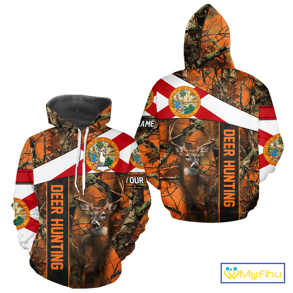 Deer Hunting Shirt With Orange Camouflage, Florida Flag, Custom Name Shirt, Gifts For Hunters NHT04
