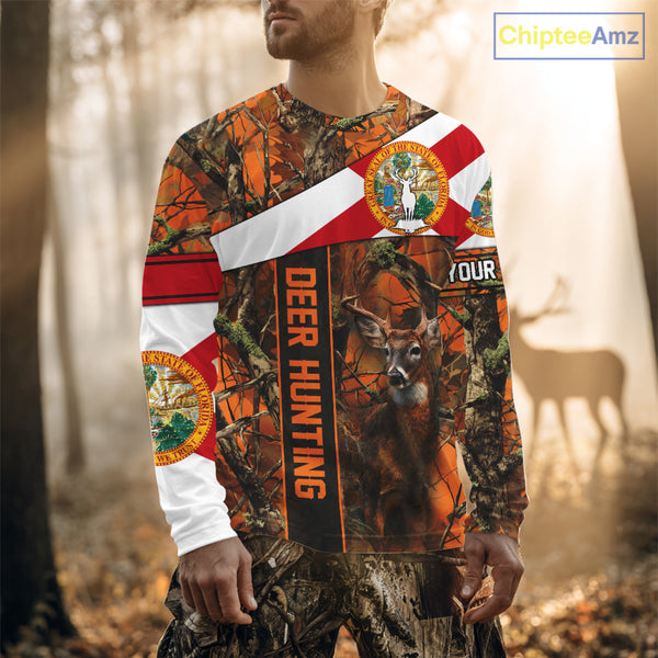 Deer Hunting Shirt With Orange Camouflage, Florida Flag, Custom Name Shirt, Gifts For Hunters NHT04