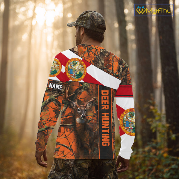 Deer Hunting Shirt With Orange Camouflage, Florida Flag, Custom Name Shirt, Gifts For Hunters NHT04