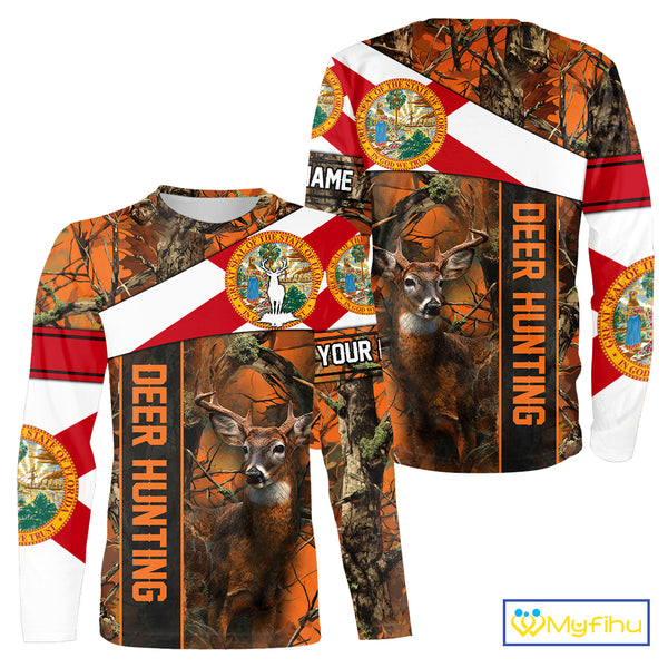 Deer Hunting Shirt With Orange Camouflage, Florida Flag, Custom Name Shirt, Gifts For Hunters NHT04
