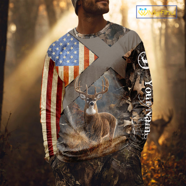 American Flag Deer Hunting Hoodie For Men – 3D Whitetail Buck Camo NHT336