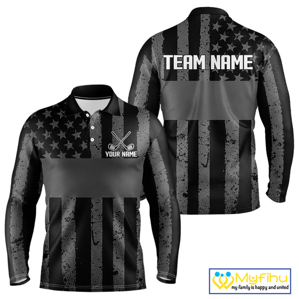 Black White American Flag Mens Golf Polo Shirts Custom Name, Team Name For Men Golf Gift NHT886