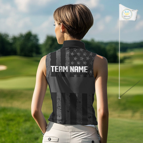 Black White American Flag Sleeveless Womens Golf Polo Shirts Custom Name, Team Name For Women Golf Gift NHT886