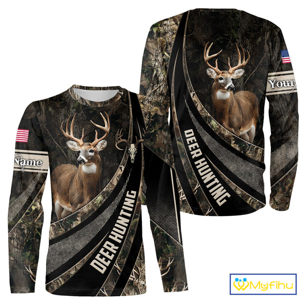Whitetail Deer Hunting Shirt Camouflage US Flag, Deer Hunter Custom Name, Hunting Gift NHT123