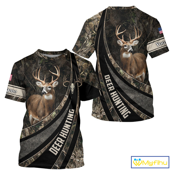 Whitetail Deer Hunting Shirt Camouflage US Flag, Deer Hunter Custom Name, Hunting Gift NHT123