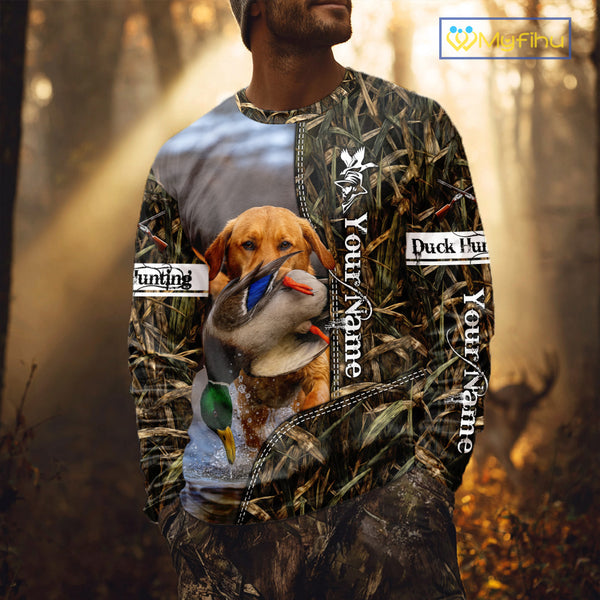 Duck Hunting Waterfowl Camouflage Shirt Yellow Labrador Retriever, Custom Name Hunting Gift NHT126