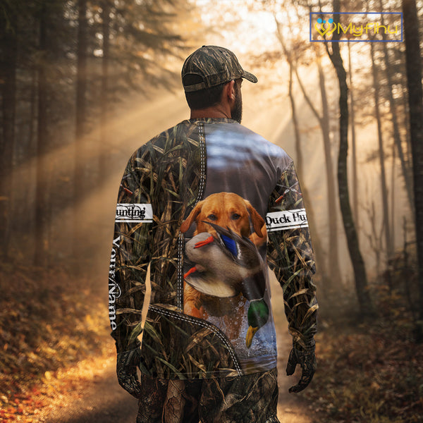 Duck Hunting Waterfowl Camouflage Shirt Yellow Labrador Retriever, Custom Name Hunting Gift NHT126